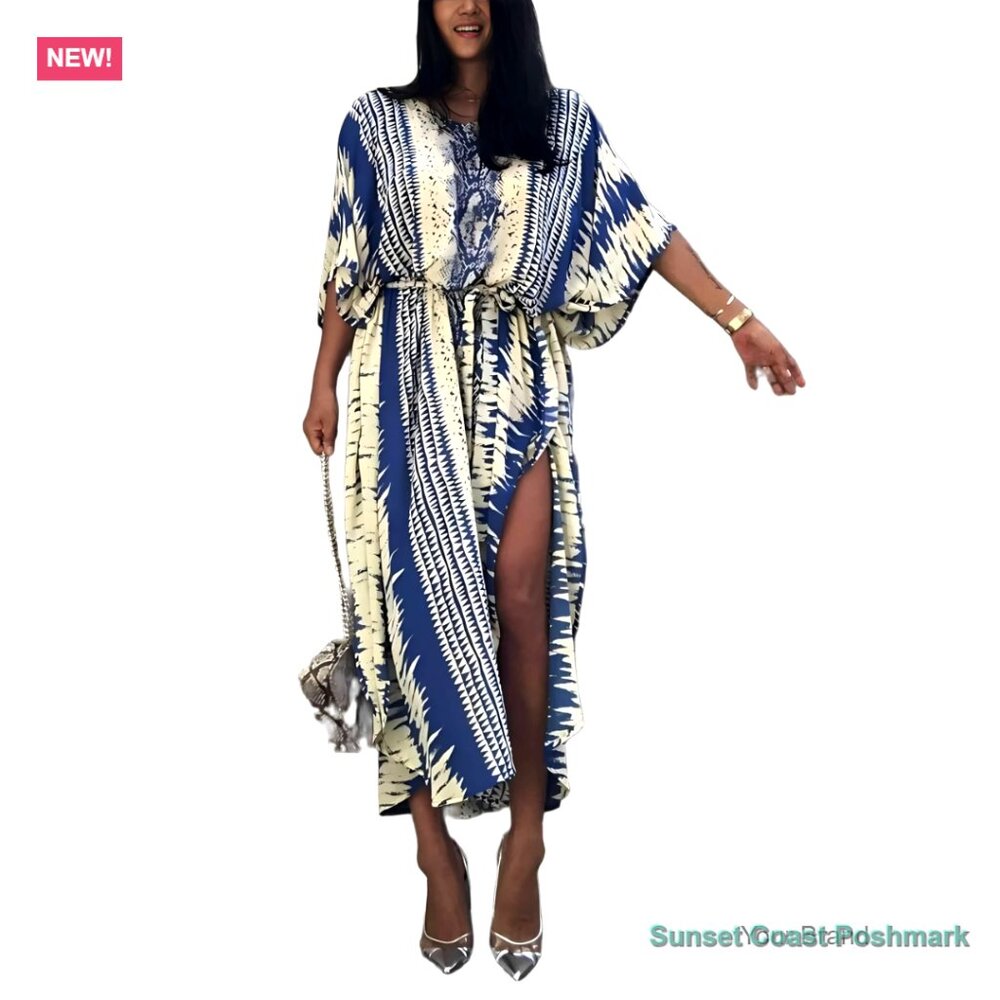 Boho Ikat Print Kaftan Maxi Dress Cover Up Blue Cream Relaxed Fit Resort New